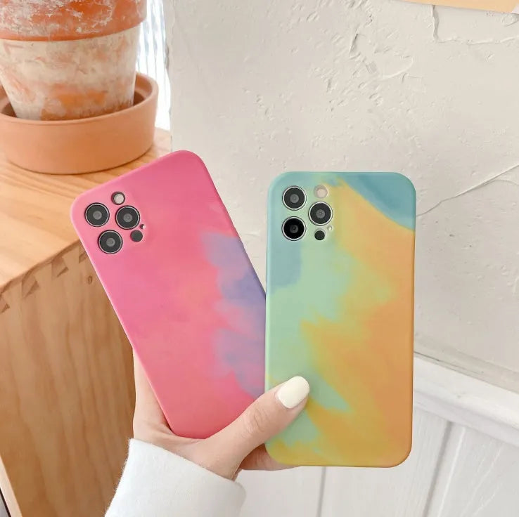 Abstract oil painting gradient geometric soft silicone phone case for Apple iPhone in blue, green, pink, or purple