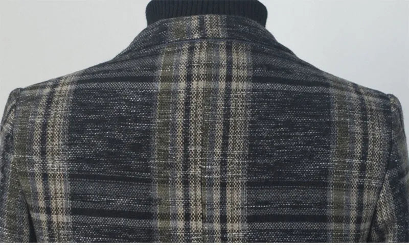 Men plaid slim fit polyester blazer in coffee colour with lapel collar and two-button front