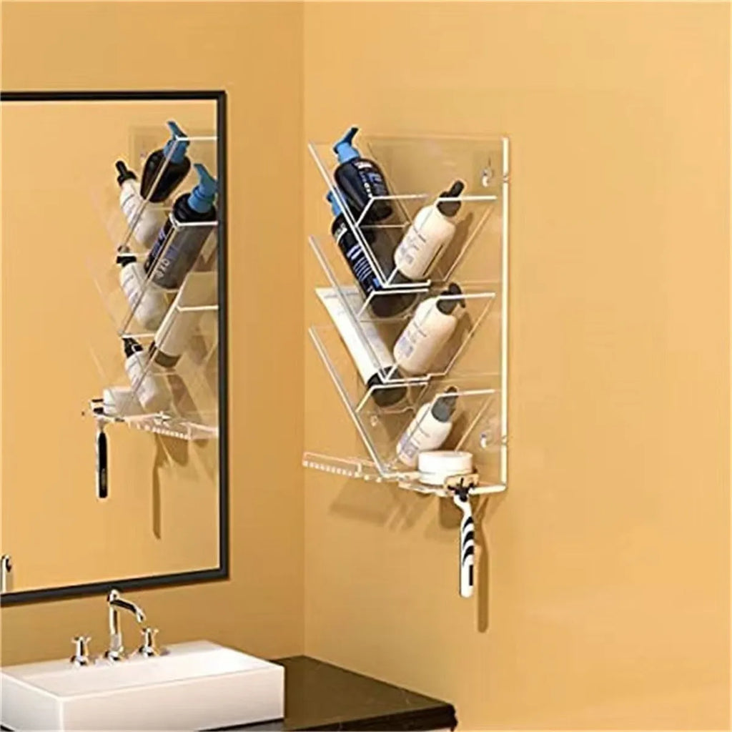 Transparent acrylic 4-layer wall-mounted bathroom storage rack for perfumes and toiletries
