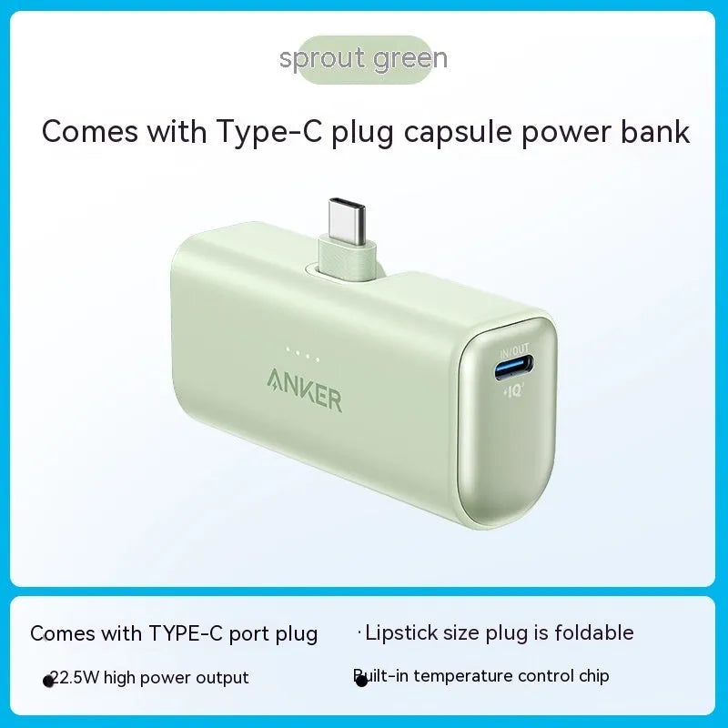 Small capsule-shaped 5000mAh power bank with foldable USB-C head in multiple colours.