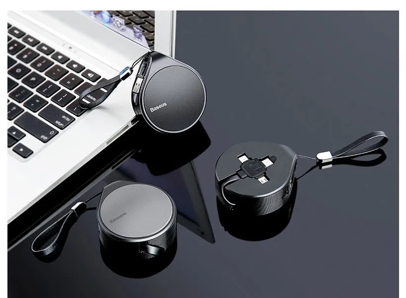 Black telescopic 3-in-1 fast charging cable extended to 1m with Micro USB, USB-C, and Lightning connectors