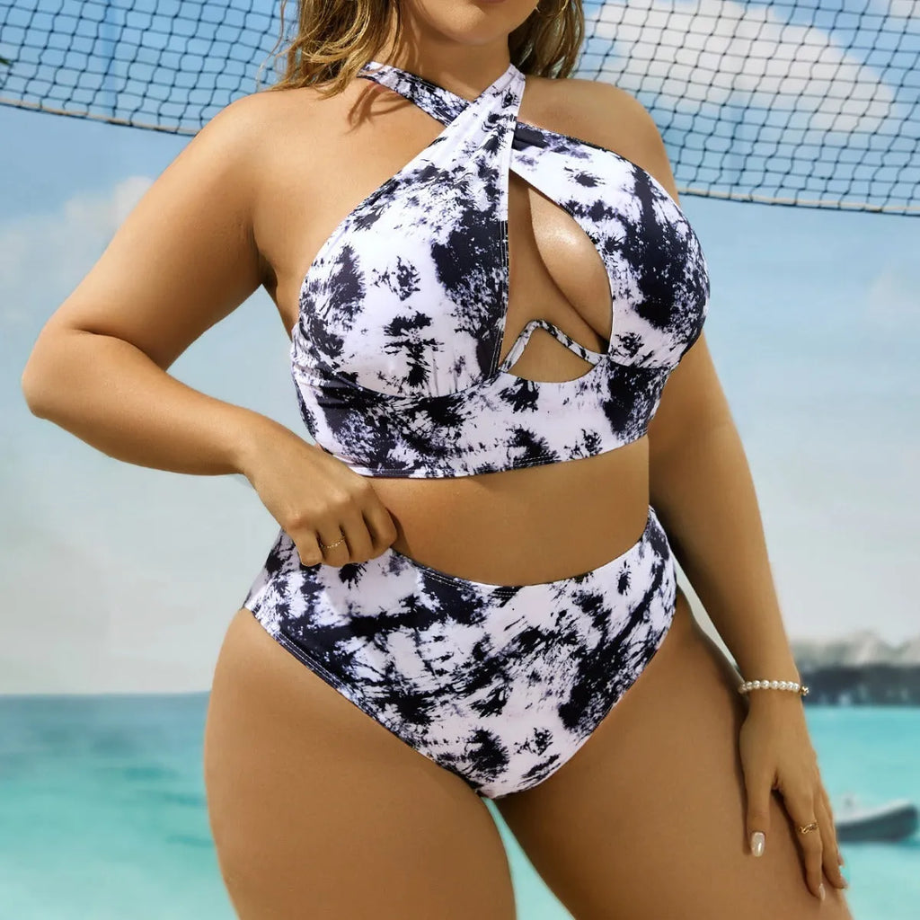 Cross collar random printed one-piece swimsuit in polyester with lining