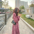 Red knitted cotton dress with elastic high waist and 3/4 princess sleeves