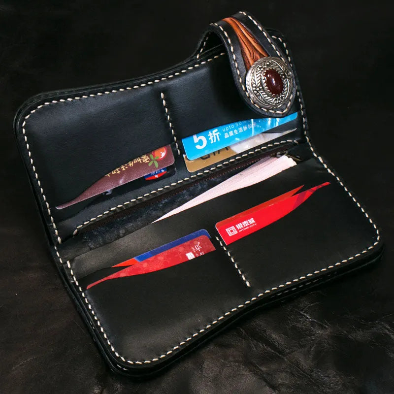 Mens long cow leather wallet with plant flower pattern and buckle closure, 20 x 10 x 2.5 cm, genuine leather lining