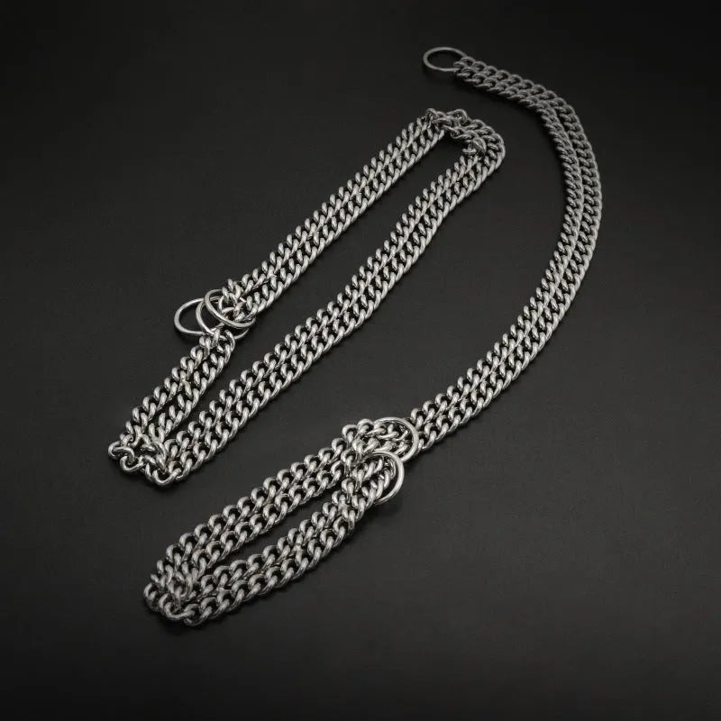 304 stainless steel explosion-proof pet collar in steel colour on plain background showing chain link structure