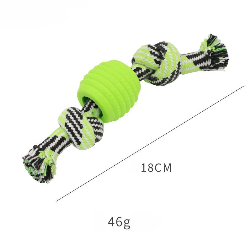 Set of colourful blue, green, orange, pink, and red dog chew toys with rope textures for dental health.