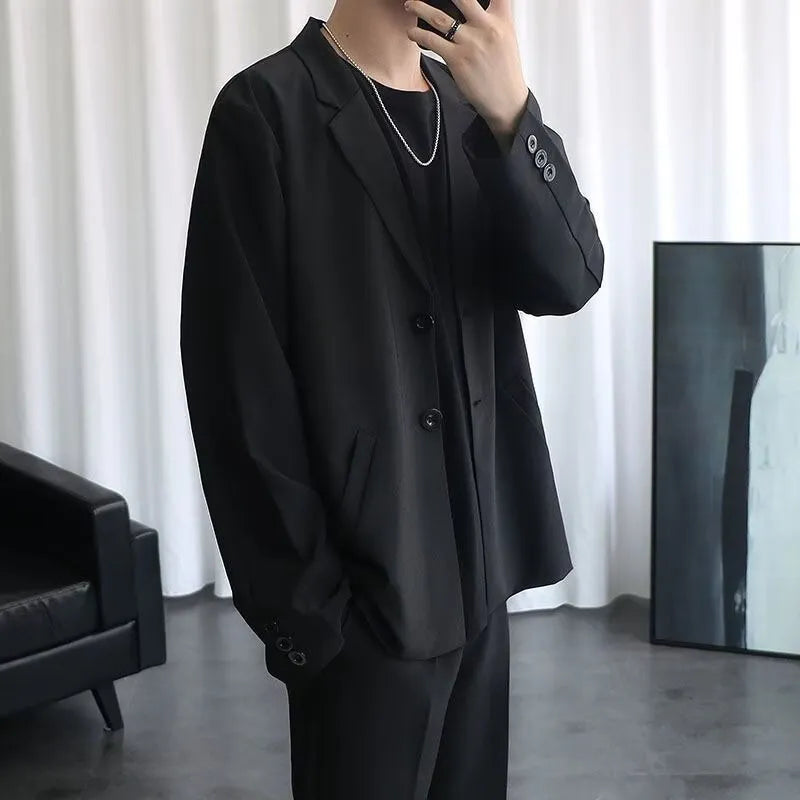 Casual loose corduroy men's jacket in black with semi-hemp lining, polyester fabric