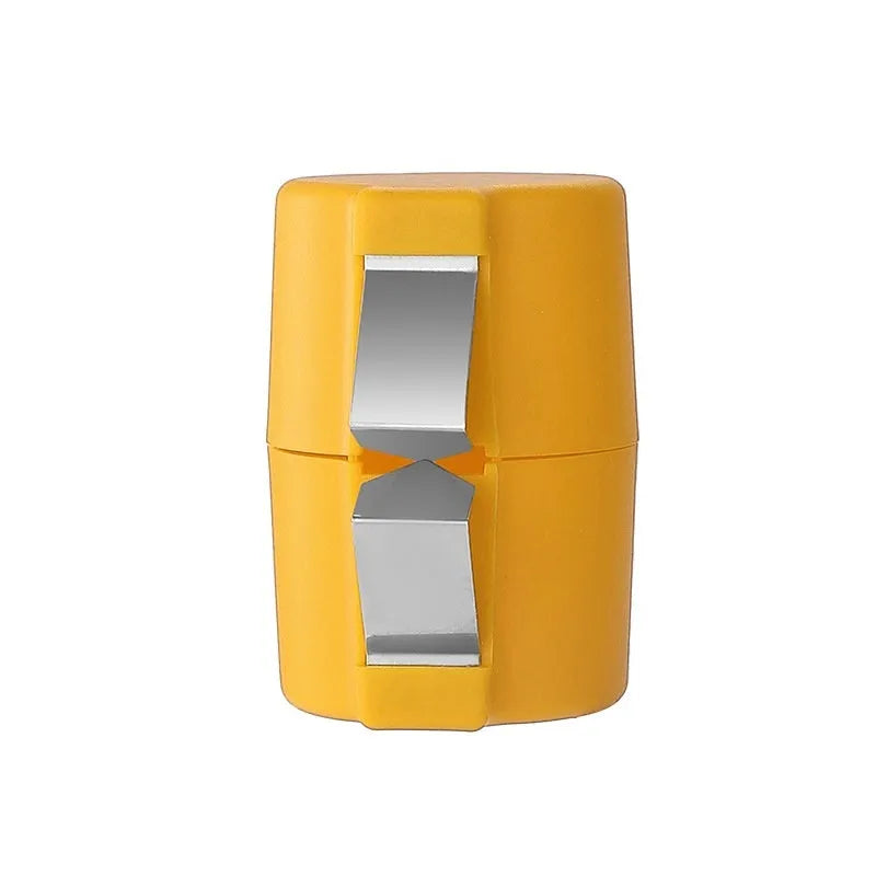 Egg shell opener and beater kitchen tool with stainless steel blades and coloured plastic handle