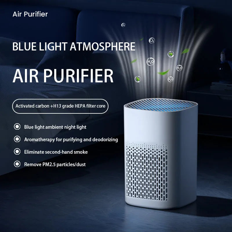 Simple-style desktop air purifier with USB port on a wooden desk.