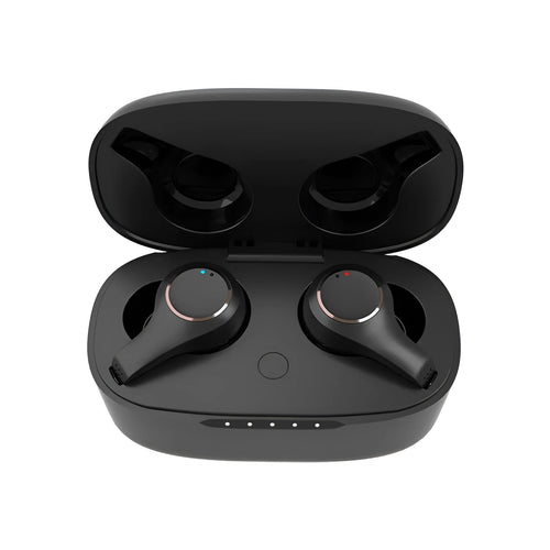 Black and white ANC active noise cancelling Bluetooth earbuds with charging case