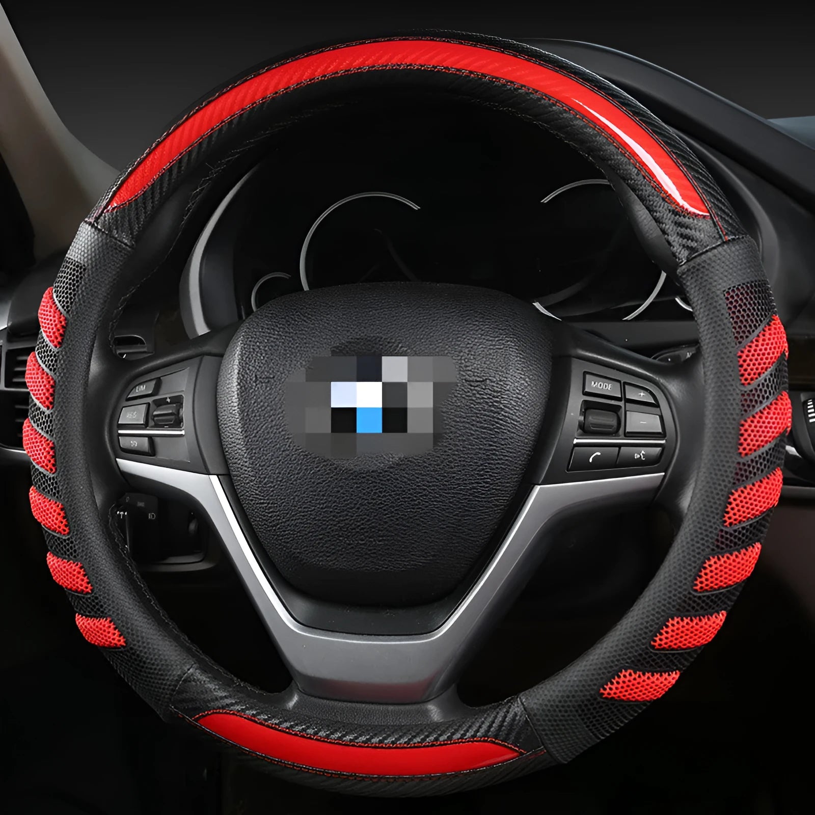 D-type steering wheel cover with 3D honeycomb pattern in carbon fiber fabric, fits 38cm wheel