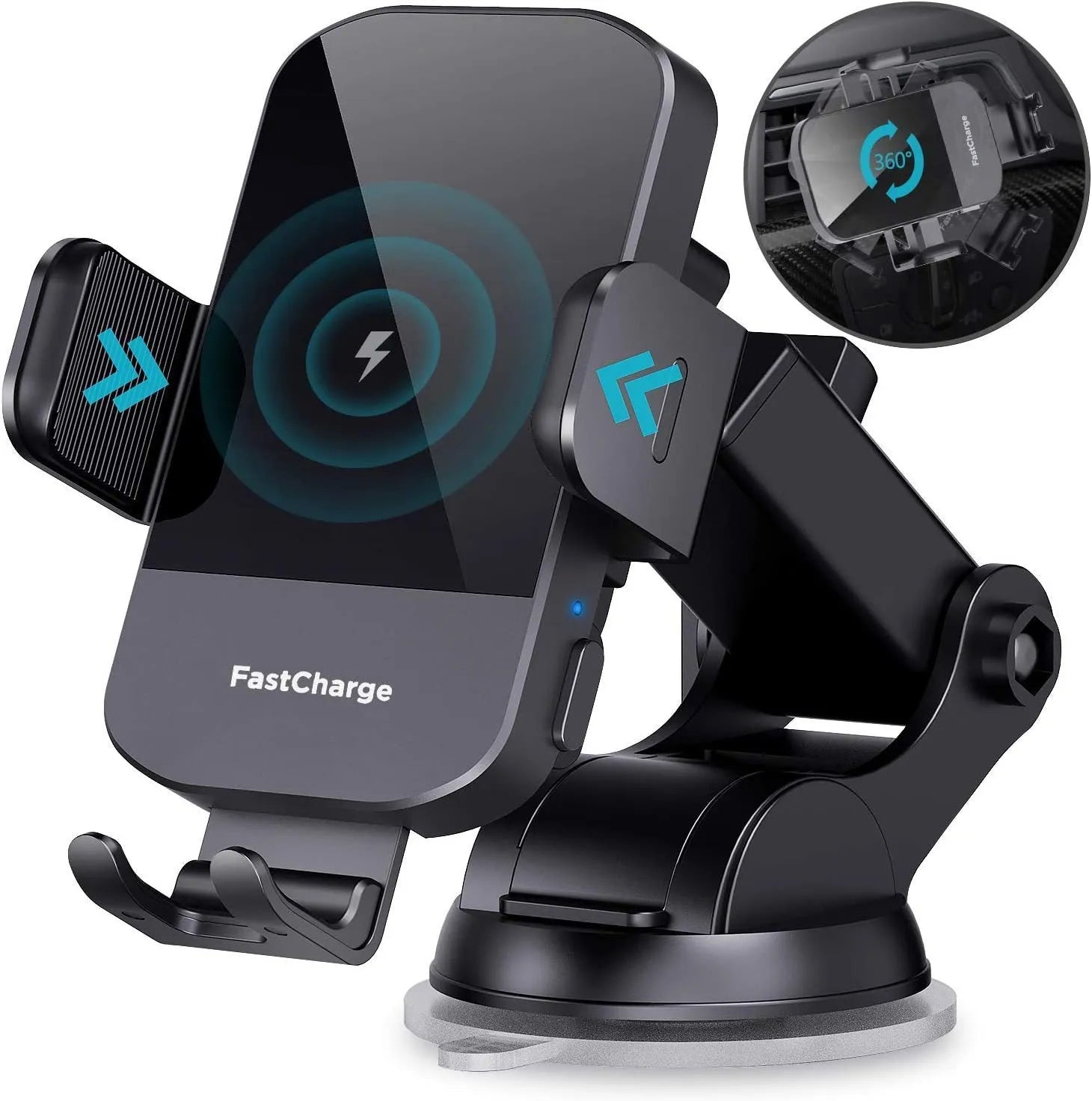 Black 15W fast wireless car charging stand with multiple mounting options