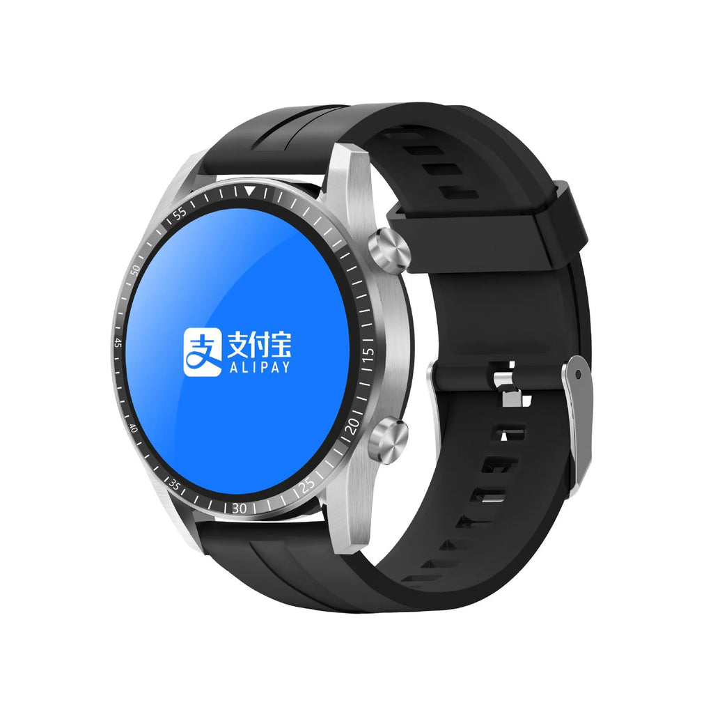 Round smart Bluetooth calling watch with aluminium alloy case on wrist, showing touch screen interface.