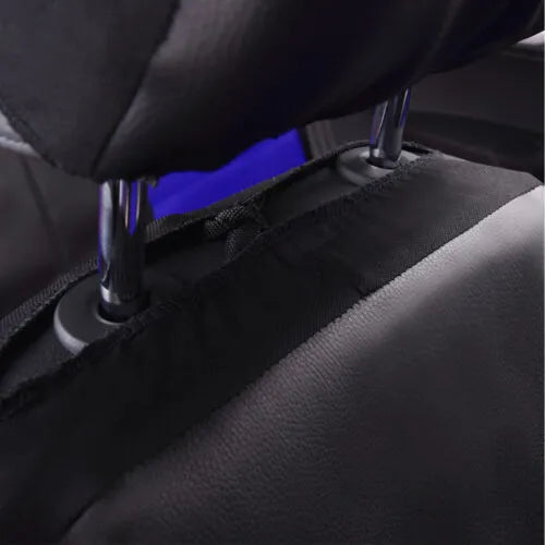 Artificial leather car seat covers in various colours shown on vehicle seats