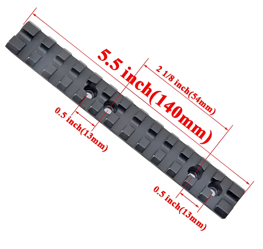 Black aluminium alloy shotgun scope mount with Picatinny rail, Allen key, and four mounting screws