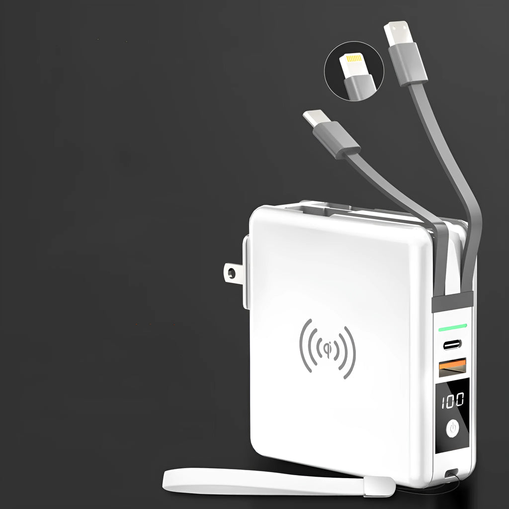 Black Super QI power bank with folding AC plug unfolded, showing wireless charging surface on top.