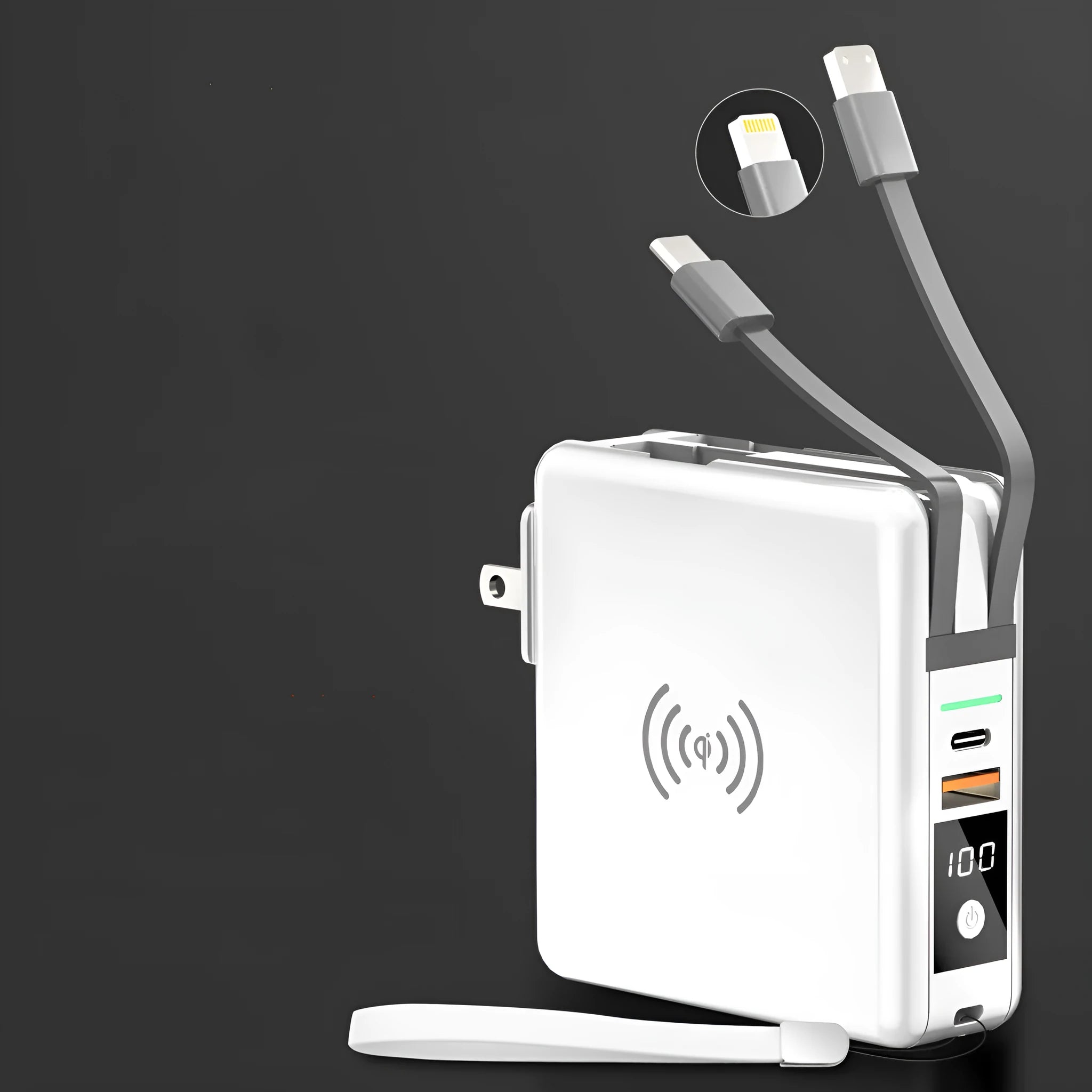 Black Super QI power bank with folding AC plug unfolded, showing wireless charging surface on top.