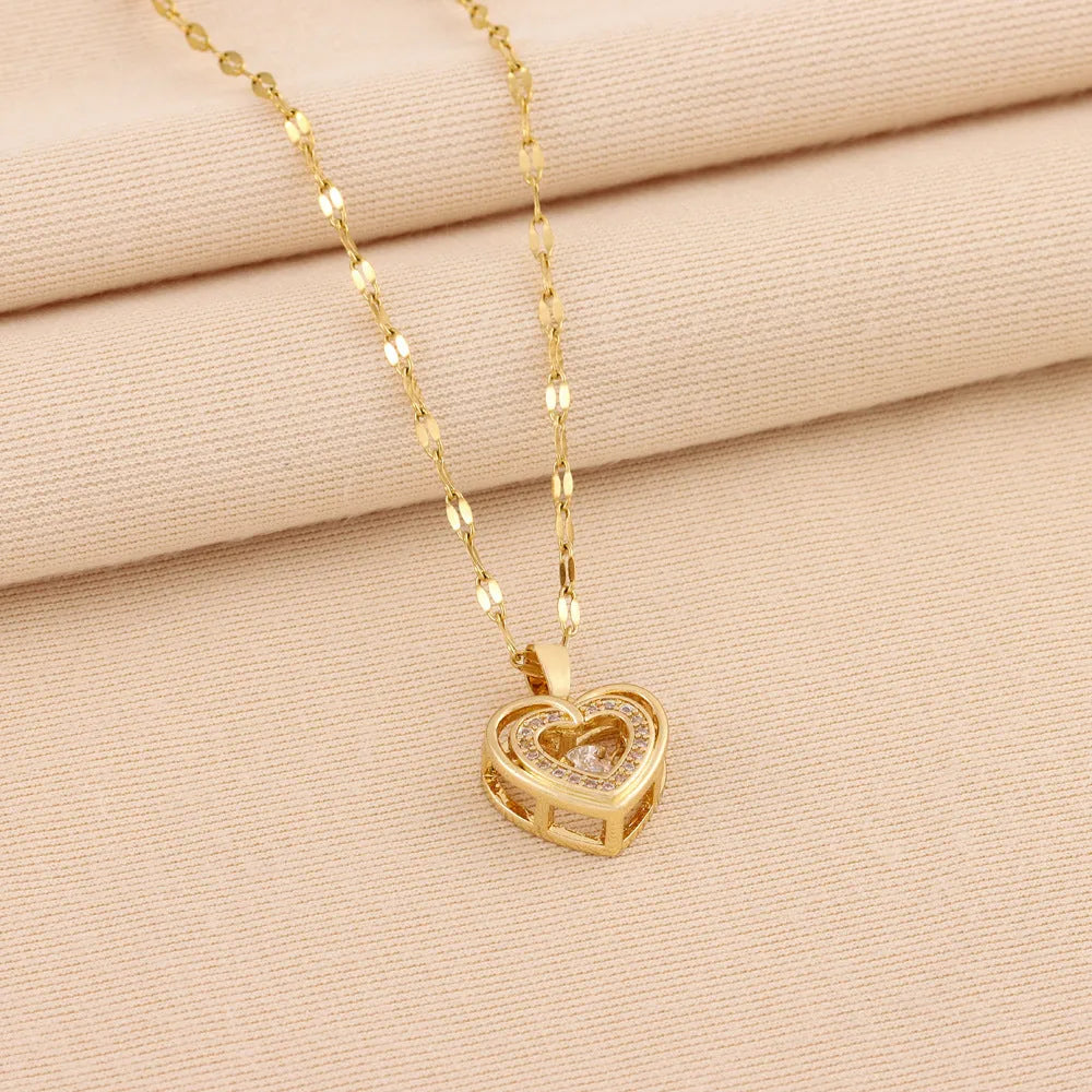 Double-layer love necklace with heart-shaped rhinestone pendant, titanium steel chain, electroplated 8018 Smart Love colour, adjustable 40+5cm length