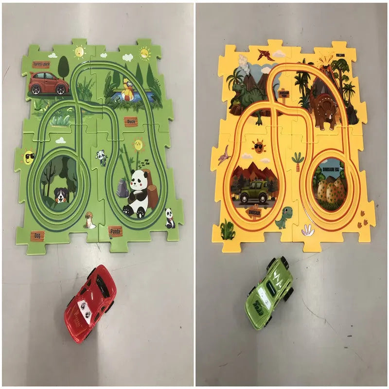 Children puzzle electric railroad speeder with DIY assembly track and automatic car, dinosaur theme