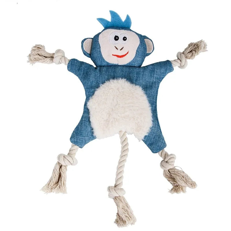 Plush squeaky dog toy set with fox, squirrel, monkey, and other animal shapes on a light background