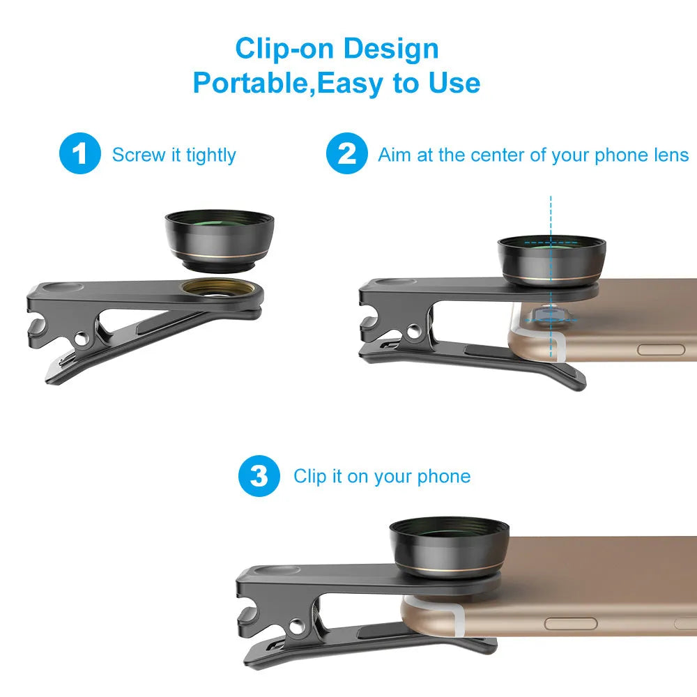 Black 6-in-1 smartphone camera lens kit with fisheye, macro, wide-angle, telephoto, CPL and star filters, case, and universal clip.