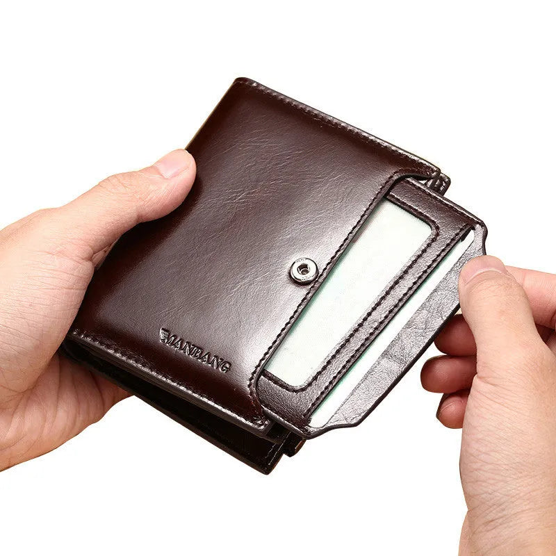 Men's brown first layer cowhide leather wallet, 12.5 x 9.5 x 1.5 cm, lock opening, square vertical card holder.