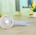 Blue mini USB rechargeable hand fan with 200mm blades and LED light on a white background