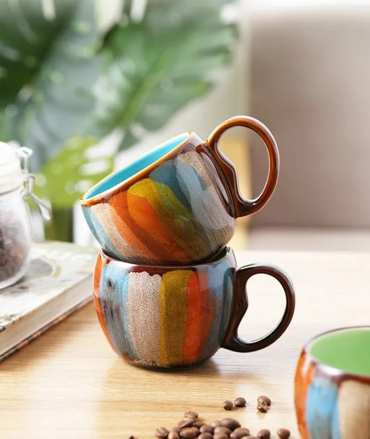Creative handmade ceramic mug with lid and spoon, 350ml, vibrant blue colour, European style