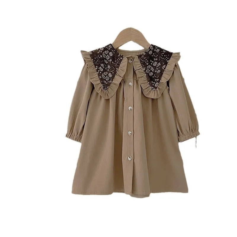 Long sleeve cotton romper dress with floral collar and butt wrap buttons for toddler girls