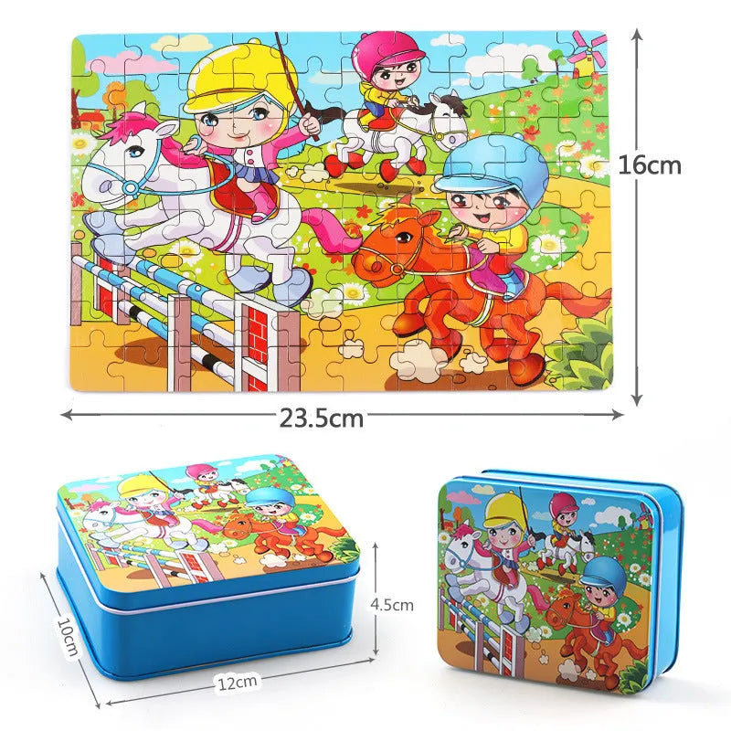 80 piece wooden animal puzzle educational toy set for children in a metal storage box