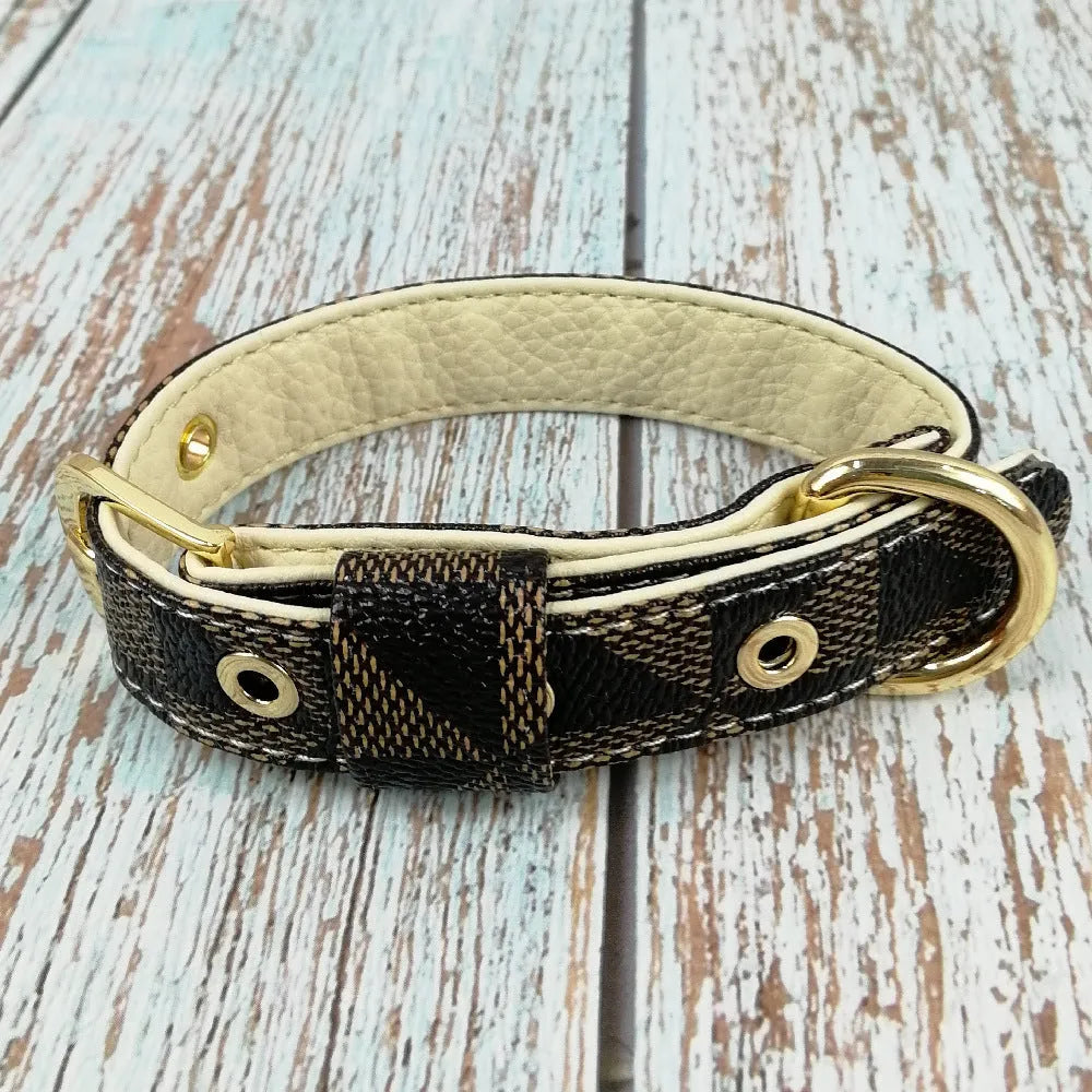 Brown plaid leather dog collar with matching rope set on white background