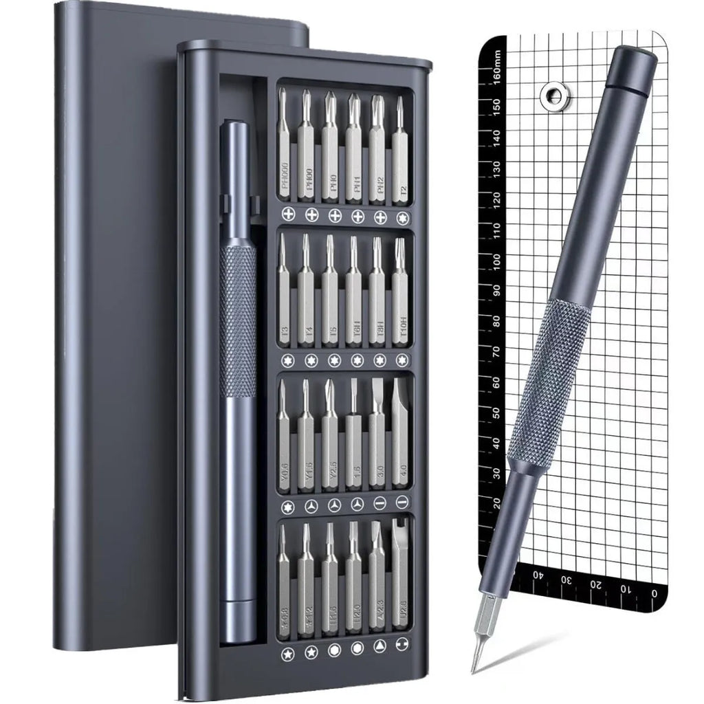25-in-one precision screwdriver set with knurled black handle and magnetic tip.