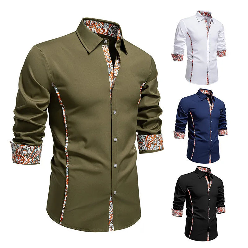Men's slim fit polo collar shirt with paisley pattern and colour blocking in white, black, army green or navy blue