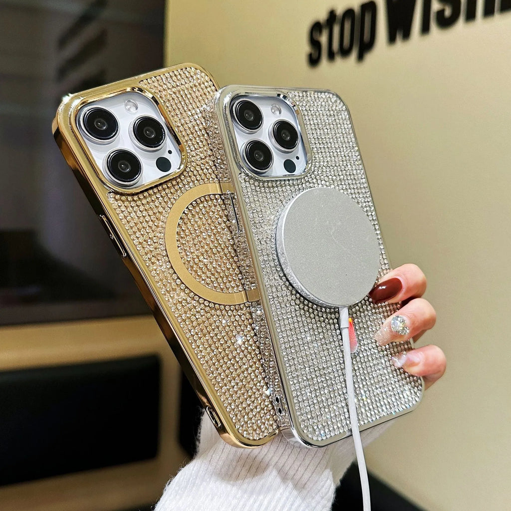 Rhinestone electroplated TPU phone case for iPhone 15 Pro Max in diamond magnetic suction black