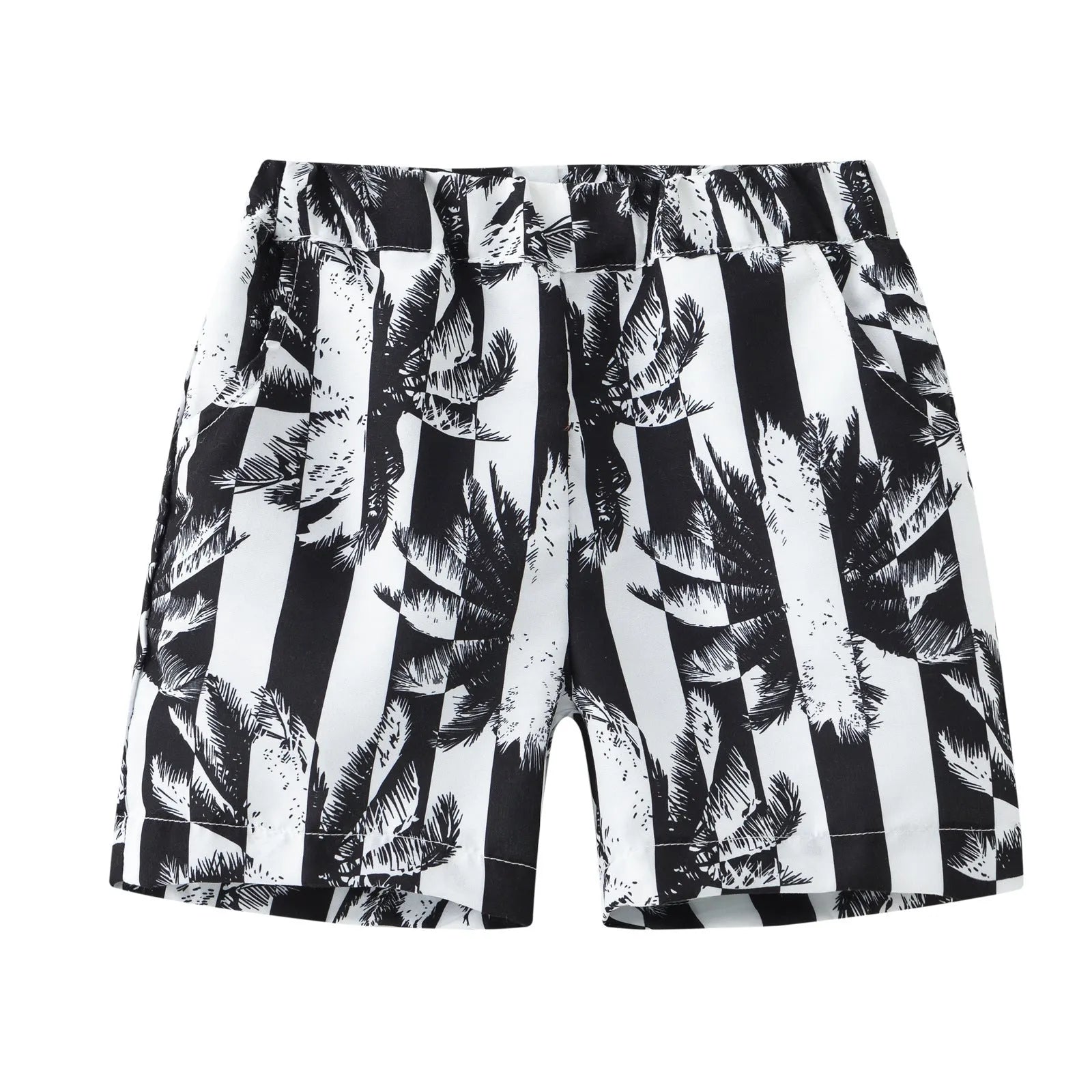 Children's elastic waist beach shorts with colourful coconut tree print, shown in shorts length.