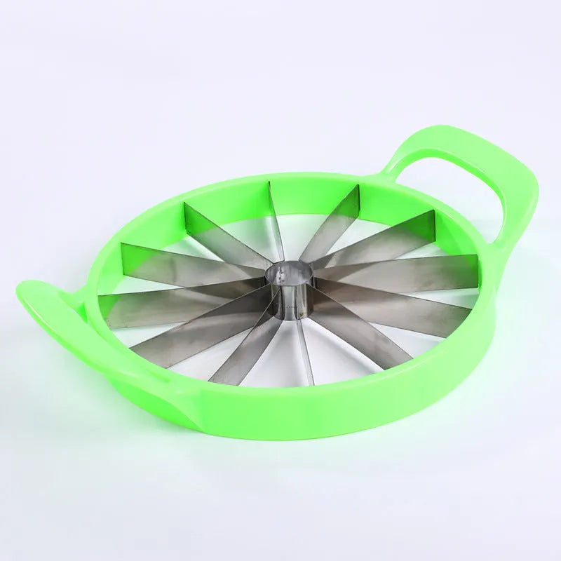 Green watermelon slicer with 410 stainless steel blade and non-slip plastic handle.