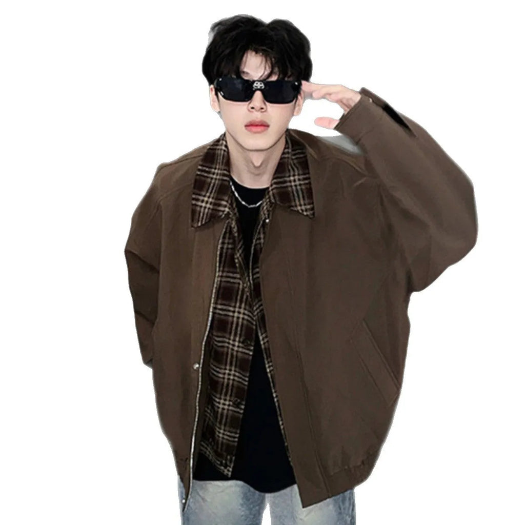 Men's fake two-piece jacket in black or brown, loose fit, long sleeves, side seam pockets, polyester