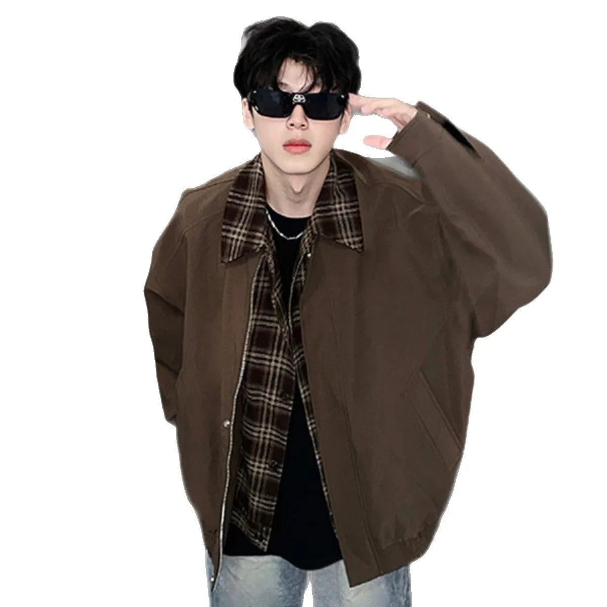Men's fake two-piece jacket in black or brown, loose fit, long sleeves, side seam pockets, polyester