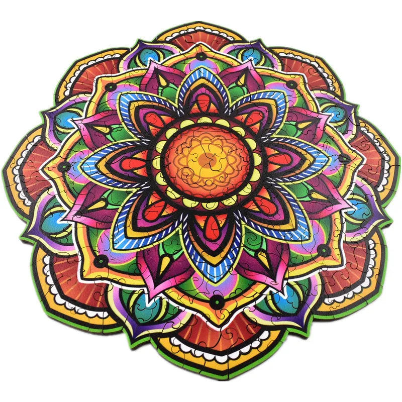 Mandala irregular wooden puzzle pieces with colour box packaging, available in A3 A4 A5 sizes