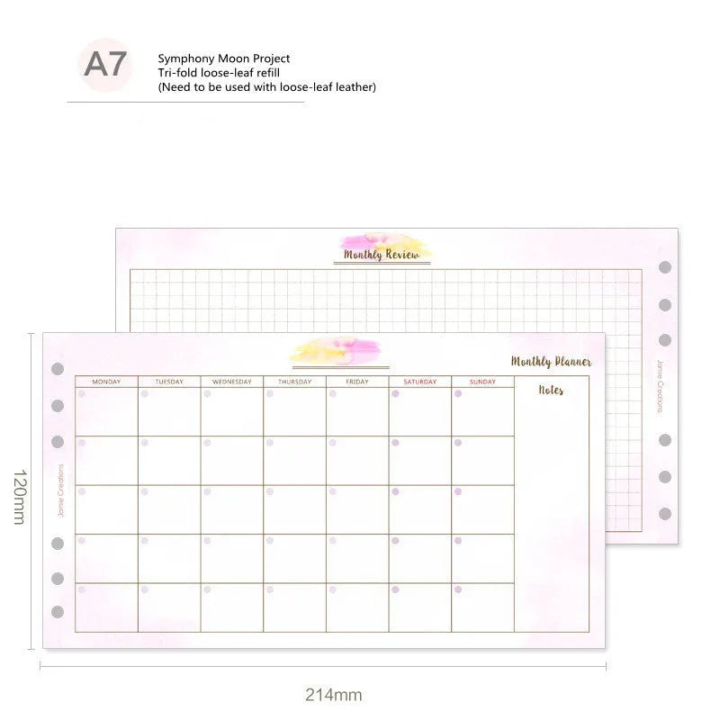 Handbook loose-leaf refill sheets showing floral monthly planner and symphony tri-fold layouts in A5, A6, A7 sizes
