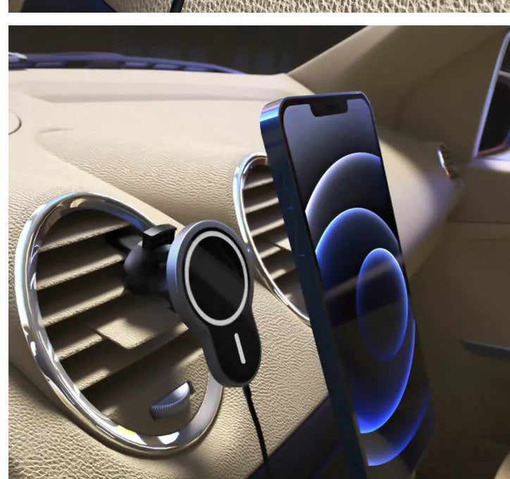 Black magnetic wireless car charger bracket with USB cable, compatible with Apple iPhone and Android phones
