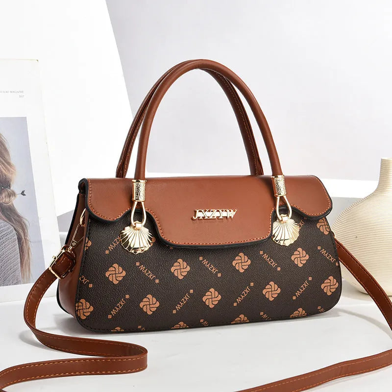 Vintage letter-printed women's cross-body bag in PU leather, brown colour, 28x9x15cm size