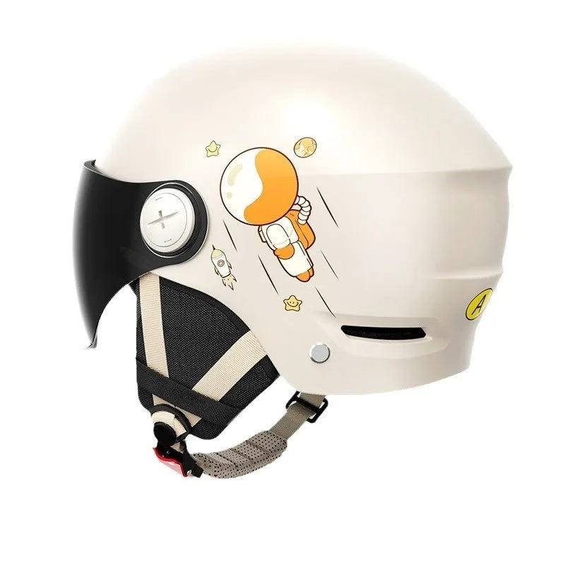 Khaki coloured open-face motorcycle half helmet with a removable tinted sun visor attached, shown on a white background.