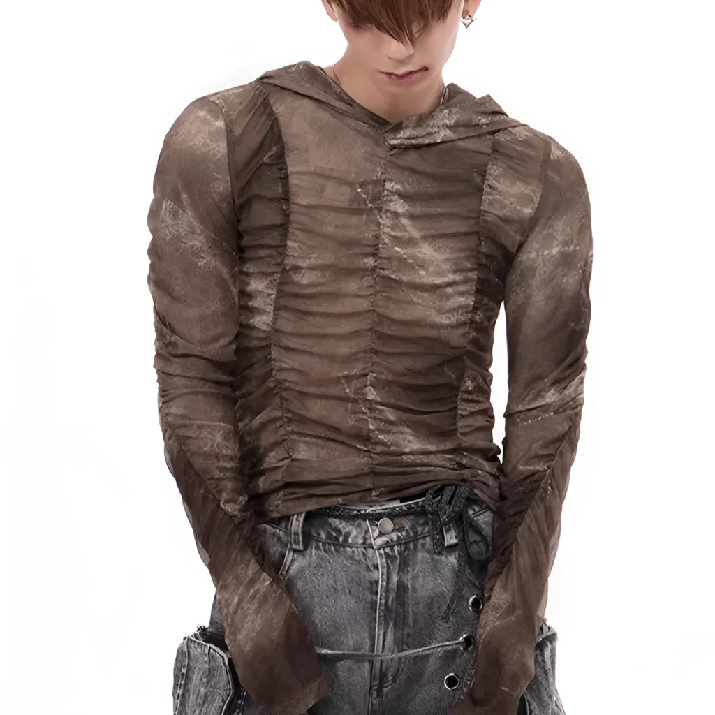 Boy wearing a lightweight ice silk printing pleating bottoming shirt in picture colour.