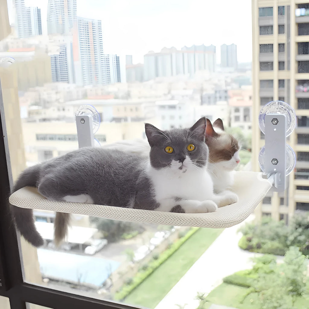 Cat suction cup window hammock with plush fabric, steel frame, available in Beige and Grey in two sizes