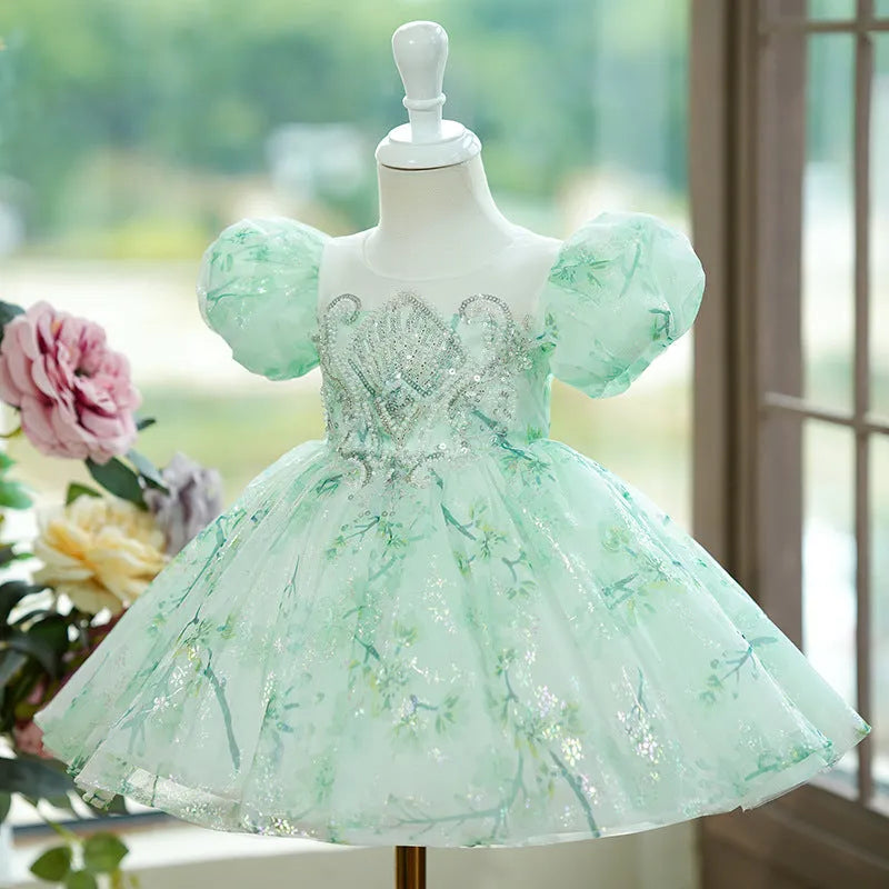 Mint green fluffy gauze princess dress with puff sleeves for girls, height range 80-160cm