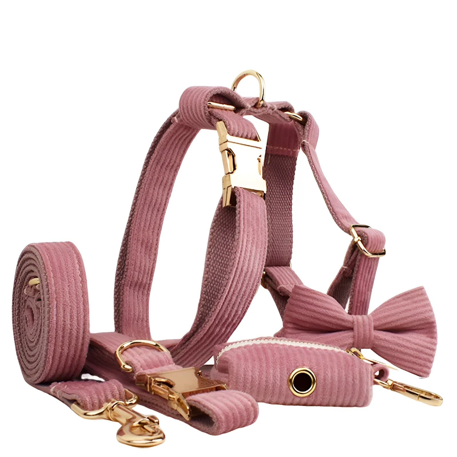 Corduroy dog collar and leash set with matching vest, bow, and poop bag holder in multiple sizes