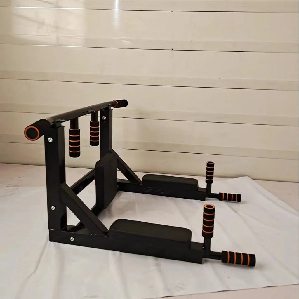 Black wall-mounted fitness equipment with a sandbag rack and integrated parallel pull-up bars.