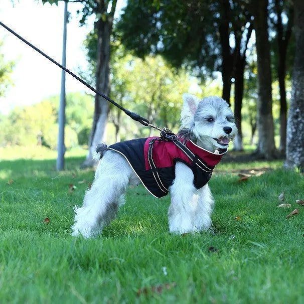 Waterproof polyester pet clothing in army green, red, and sapphire blue for dogs and cats
