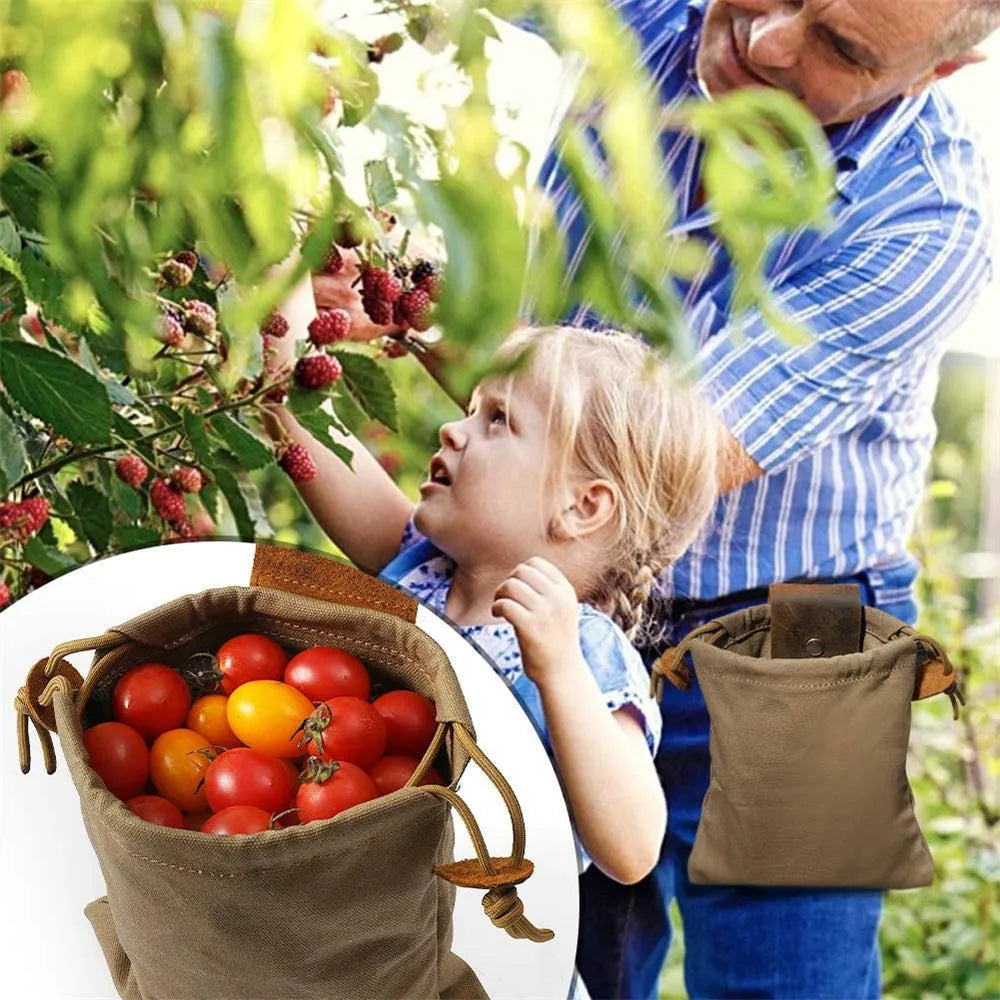Collapsible leather and canvas foraging bag 22x21cm for mushroom and fruit picking
